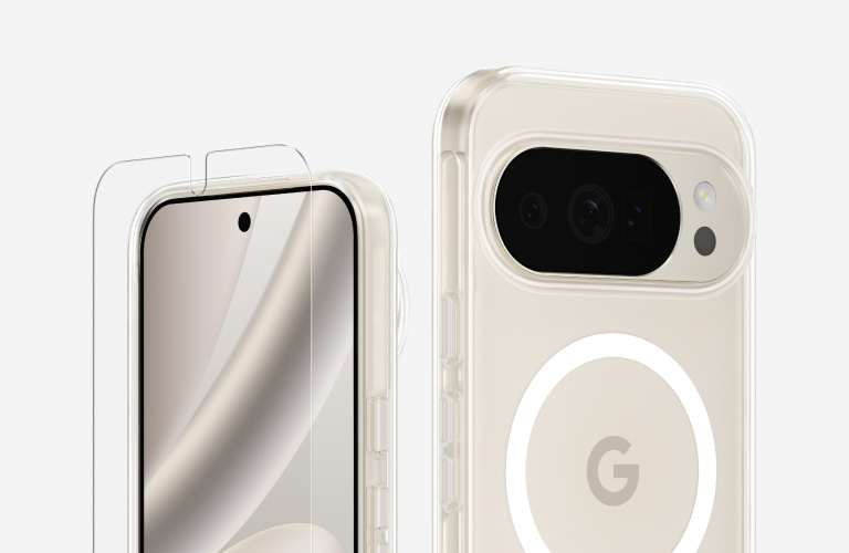 oogle Pixel 11 with a clear MagSafe-compatible case and screen protector displayed on a light background.