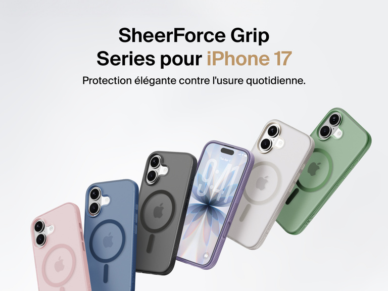 Belkin SheerForce Grip Series protective case for iPhone 17 shown in pink, clear, and black with slim design and MagSafe compatibility.