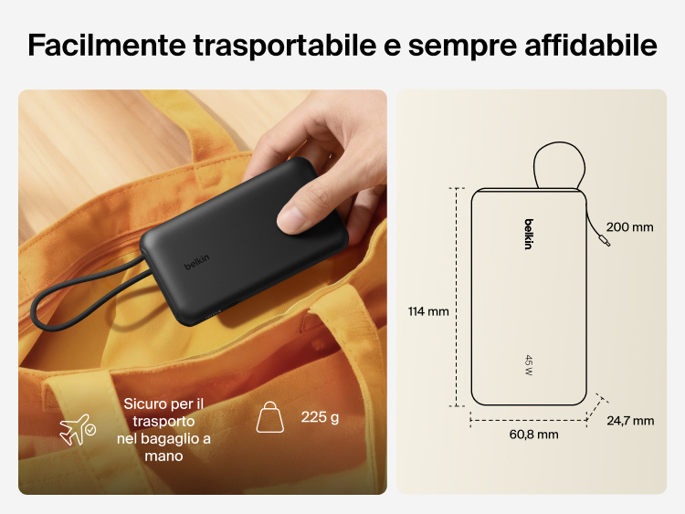 Belkin UltraCharge 10K power bank with integrated USB-C cable and digital display shown as a lightweight, TSA carry-on approved portable charger for everyday travel