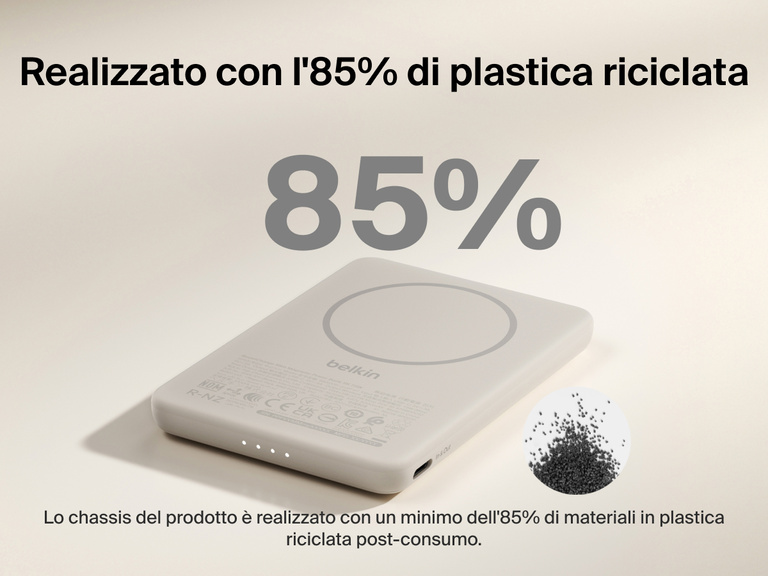 Belkin BoostCharge Slim Magnetic Power Bank 5K shown with text highlighting that its housing is made from 85% post-consumer recycled plastic for sustainable design.