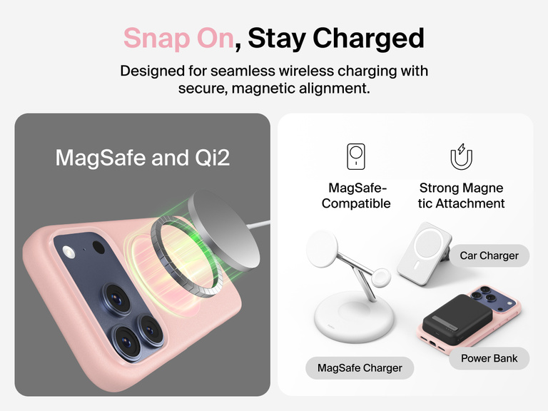 Belkin ScreenForce Protect Series Case for iPhone 17 with raised edges for screen and camera protection, designed for seamless magnetic wireless charging.