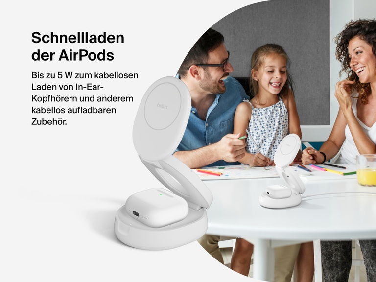 Belkin BoostCharge 2-in-1 Convertible Magnetic Charging Stand with Qi2 15W wirelessly charges AirPods with up to 5W of power, shown in use on a family table.