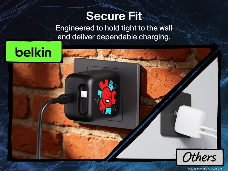 Belkin UltraCharge Retractable GaN Wall Charger 67W securely plugged into wall outlet with built-in retractable USB-C cable for stable, dependable fast charging.