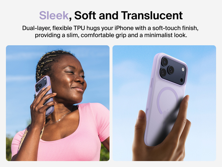 Belkin SheerForce Grip Series Case for iPhone 17 with slim translucent design and soft-touch finish for a comfortable grip.