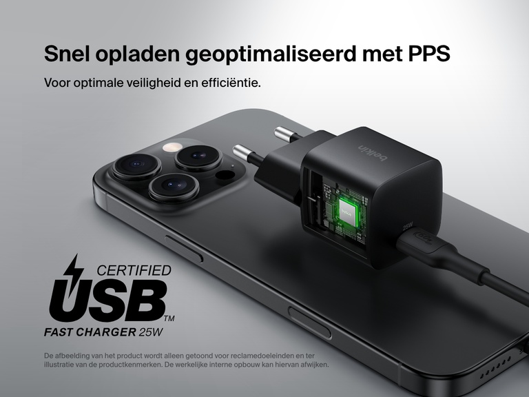 Belkin BoostCharge USB-C Wall Charger 25W shown with a visual cutaway highlighting PPS optimized fast charging for enhanced safety and efficiency.
