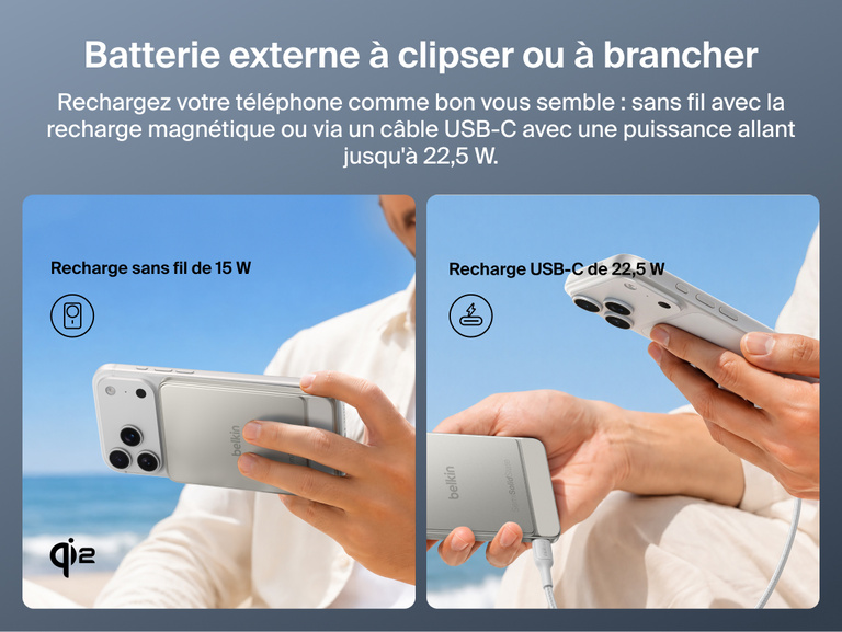 Image de la batterie externe magn&eacute;tique Belkin&nbsp;UltraCharge&nbsp;Pro&nbsp;Slim&nbsp;5K avec BoostSolid&nbsp;Cell d&eacute;montrant une recharge sans fil magn&eacute;tique Qi2 de 15&nbsp;W ainsi qu'une recharge USB-C allant jusqu'&agrave; 22,5&nbsp;W.
