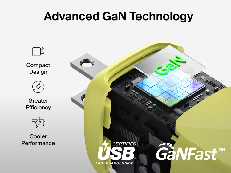 Cutaway view of Belkin BoostCharge Compact USB-C Charger 30W showing advanced GaN technology for compact design, greater efficiency, and cooler performance.