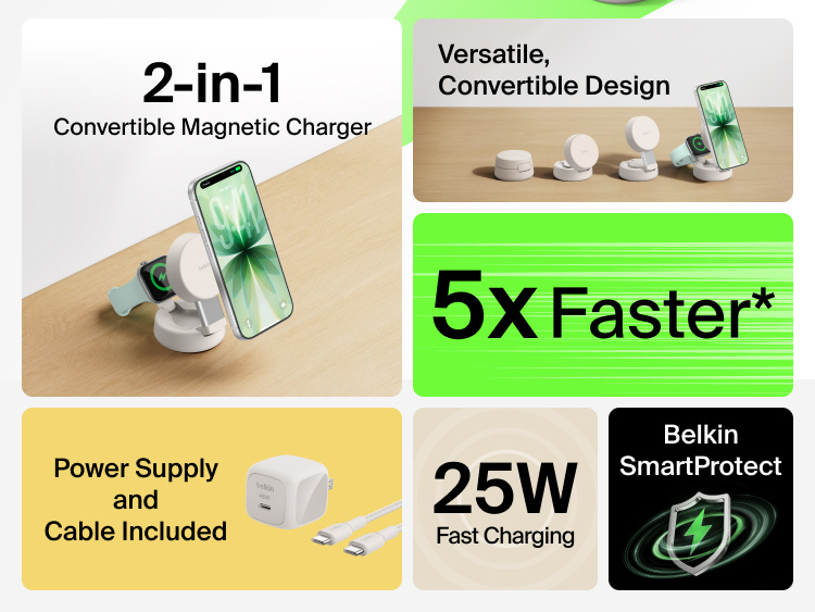 Belkin UltraCharge Pro 2-in-1 Convertible Magnetic Charger with Qi2 25W features a versatile convertible design, secure magnetic attachment, up to 5x faster wireless charging, and includes a power supply and cable.