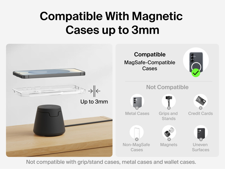 Belkin UltraCharge Modular Charging Dock with Qi2 25W showing compatibility with magnetic cases up to 3mm thick and optimized alignment for reliable wireless charging without metal or wallet-style cases.