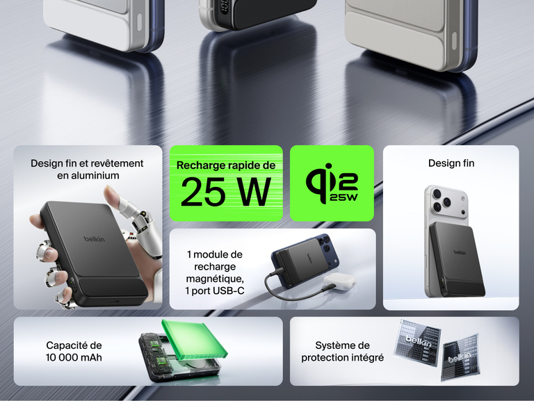 Belkin UltraCharge Slim Magnetic Power Bank 10K highlighting 25W fast charging, 10,000 mAh capacity, magnetic wireless charging, USB-C port, and slim premium aluminum design