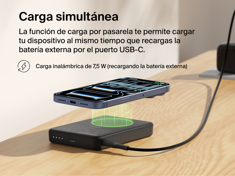 Belkin BoostCharge Slim Magnetic Power Bank 10K demonstrating pass-through charging with a smartphone wirelessly charging at 7.5W while the power bank recharges via USB-C
