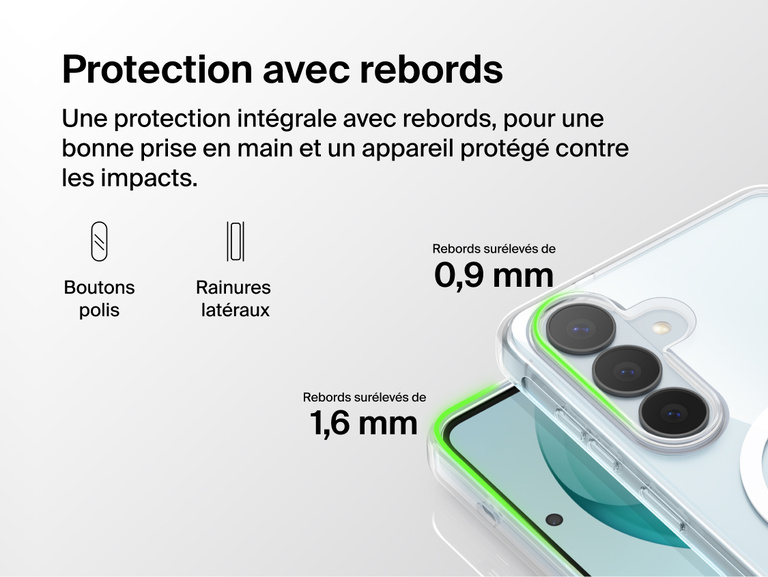Belkin SheerForce Clear Series Case for Samsung Galaxy S26 shown with elevated edge protection, featuring raised front and camera edges, tactile buttons, and grooved sides for enhanced grip and impact protection.