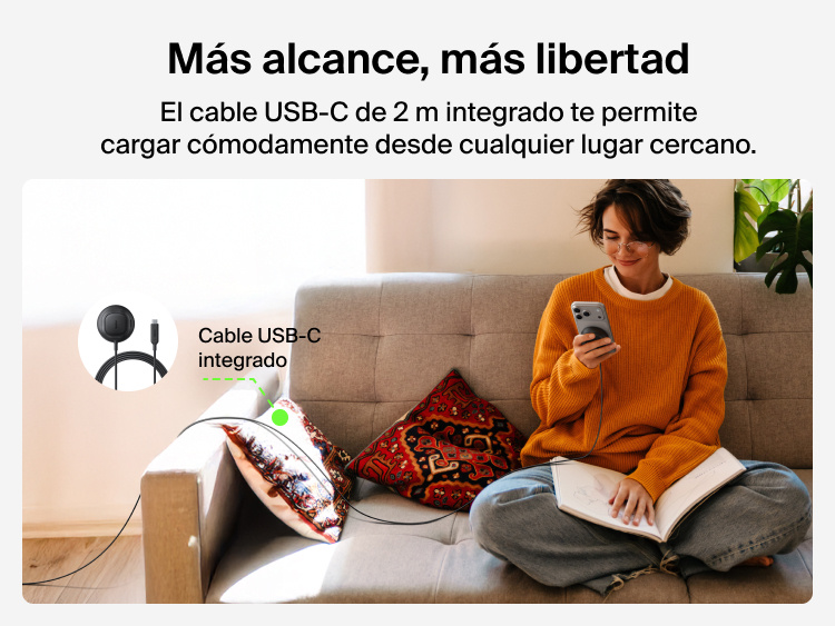 Se muestra el largo cable USB-C de 2 metros incluido con el cargador magn&eacute;tico con Qi2 de 25 W Belkin UltraCharge. Permite al usuario cargar con comodidad sus dispositivos m&oacute;viles desde la otra esquina de la habitaci&oacute;n.