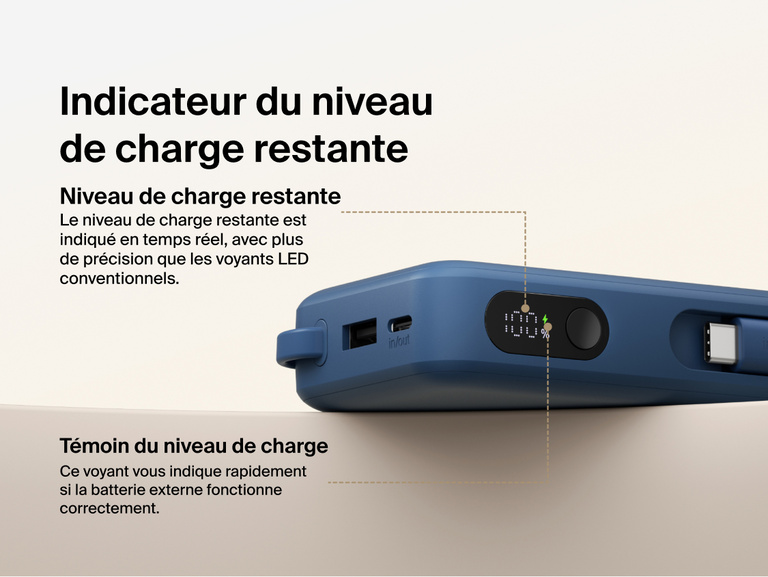 Belkin UltraCharge 10K power bank with integrated USB-C cable and digital display showing real-time battery percentage and charging status