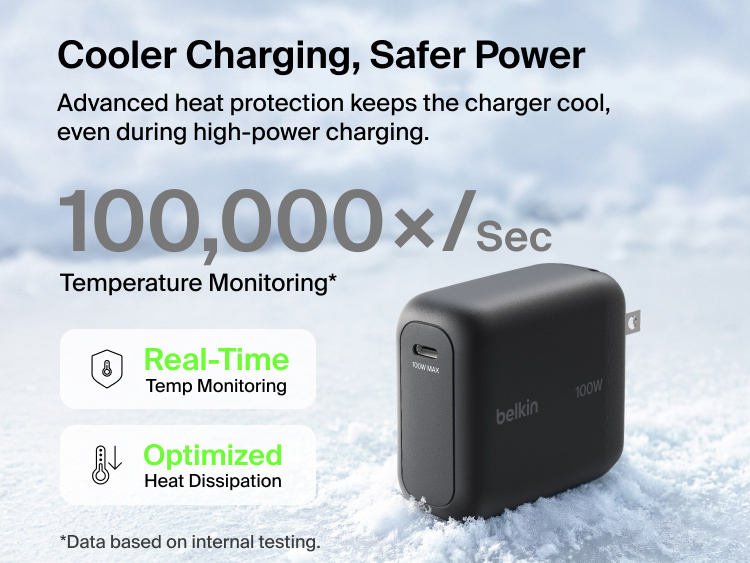 BoostCharge USB-C GaN Wall Charger 100W with advanced temperature monitoring and heat dissipation features for cooler, safer high-power charging performance