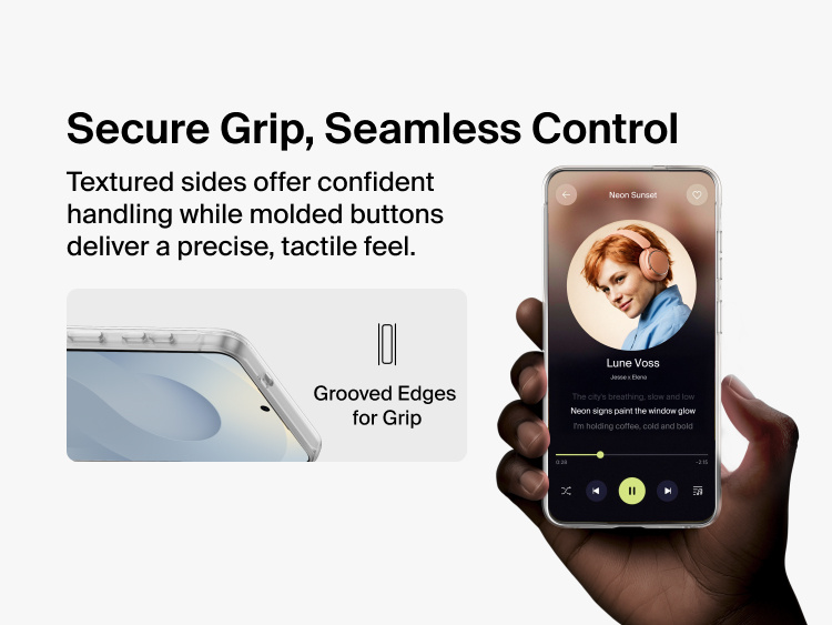 Belkin SheerForce Titan Protective Bundle for Samsung Galaxy S26 featuring textured grooved case edges and precision-molded buttons for secure grip and seamless control.