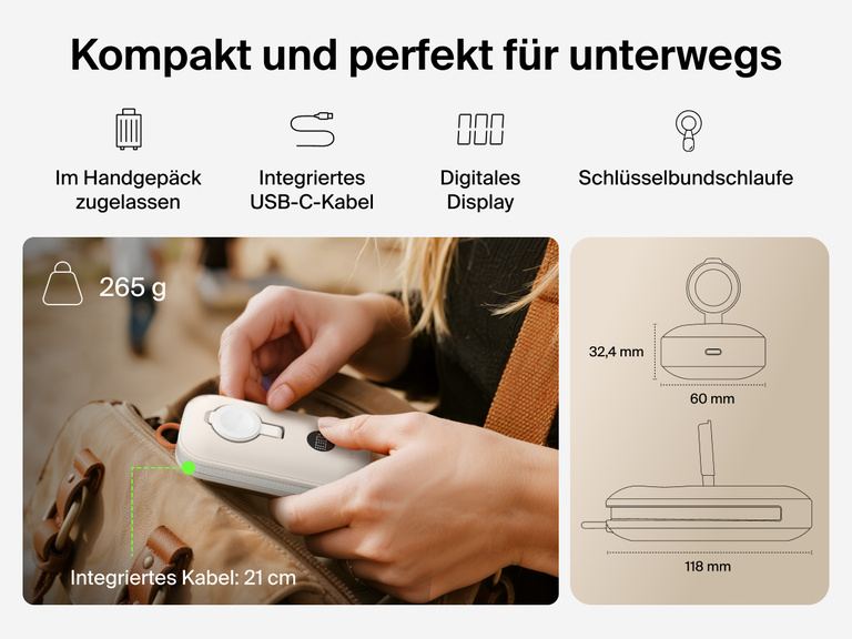 Die Belkin BoostCharge Pro Powerbank 10K mit Apple Watch Ladeger&auml;t ist kompakt, geeignet f&uuml;r Reisen und entspricht den Flugzeugsicherheitsstandards. Sie ist mit einem USB-C-Kabel, einer Digitalanzeige und einer Schlaufe versehen.