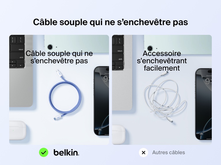 Image de comparaison montrant d'un côté le câble USB-C vers USB-C Belkin BoostCharge (60 W), souple et résistant aux enchevêtrement, et de l'autre un câble standard qui s'emmêle facilement.