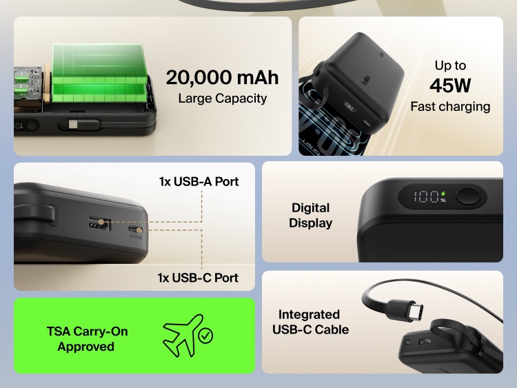 Belkin UltraCharge 20K 45W power bank with integrated USB-C cable, digital display, dual ports, and high-capacity battery for fast, travel-ready charging
