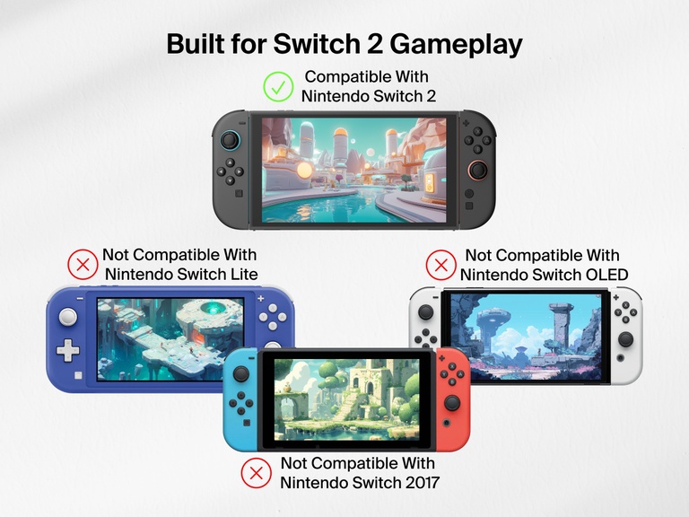 A comparison image showing the compatibility of a screen protector designed specifically for the Nintendo Switch 2. The center features the Switch 2 with a green check mark and the label "Compatible With Nintendo Switch 2." To the right, three other models — Nintendo Switch Lite (blue), Nintendo Switch OLED (white), and Nintendo Switch 2017 (red and blue Joy-Cons) — are shown with red X marks and labels indicating they are not compatible. The headline reads "Built for Switch 2 Gameplay."