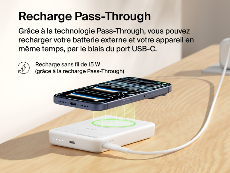 Slim Magnetic Power Bank 10K with Qi2 wirelessly charging smartphone while recharging via USB-C pass-through connection