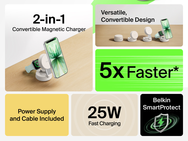Belkin UltraCharge Pro 2-in-1 Convertible Magnetic Charger with Qi2 25W features a versatile convertible design, secure magnetic attachment, up to 5x faster wireless charging, and includes a power supply and cable.