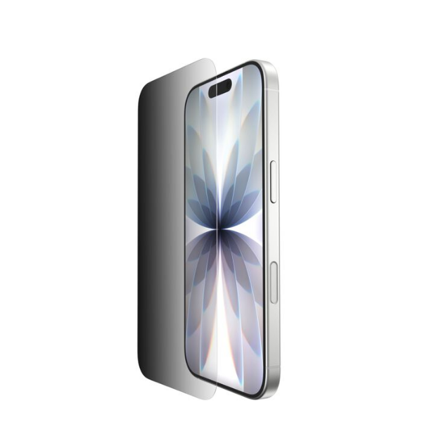 Smartphone with a Belkin InvisiGlass screen protector partially applied, showing its thin, transparent design and precise edge alignment.