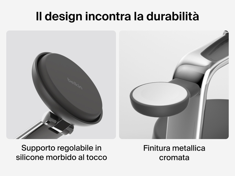 Il dock di ricarica magnetica 3 in 1 con Qi2 da 25 W Belkin UltraCharge Pro presenta un supporto regolabile con rivestimento in silicone morbido e finitura metallica cromata per un design durevole e di qualità.