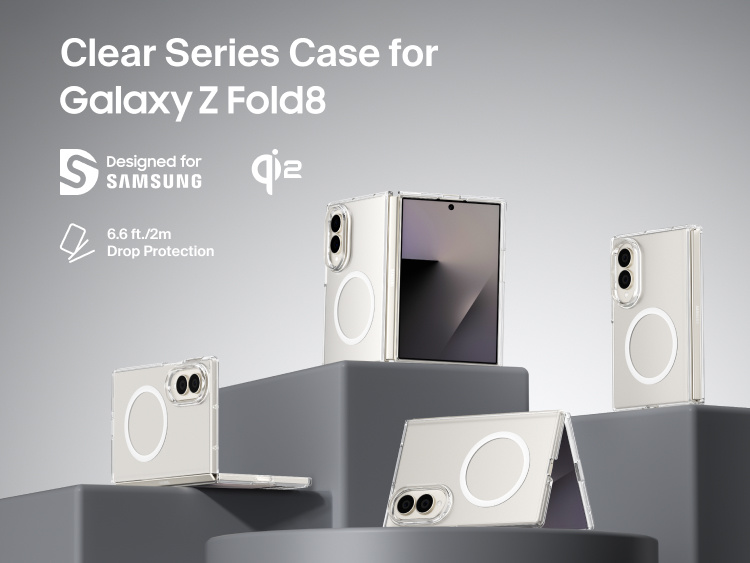 Belkin Clear Series Case for Samsung Galaxy Z Fold8 with Qi2 magnetic charging compatibility and 6.6 ft drop protection displayed in multiple folded positions.