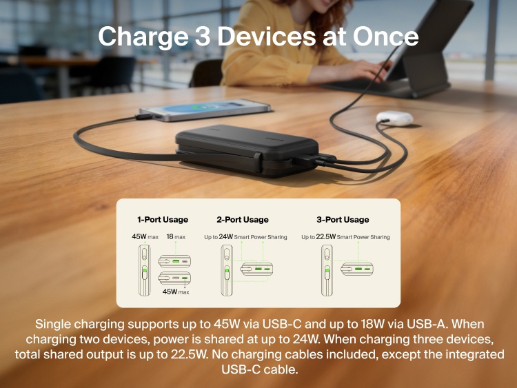 Belkin UltraCharge 10K power bank with integrated USB-C cable and digital display charging up to three devices simultaneously with smart power sharing