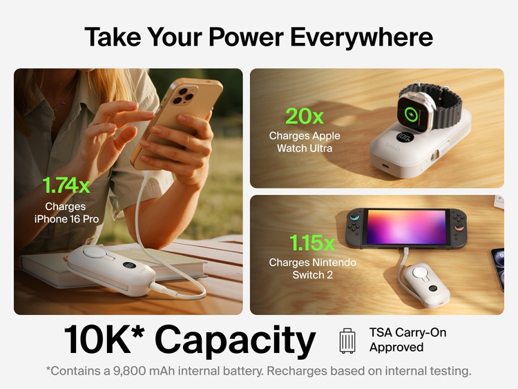 Belkin BoostCharge Pro Power Bank 10K with Apple Watch Charger provides TSA-approved capacity to recharge iPhone 16 Pro, Apple Watch Ultra, and Nintendo Switch 2 on the go.