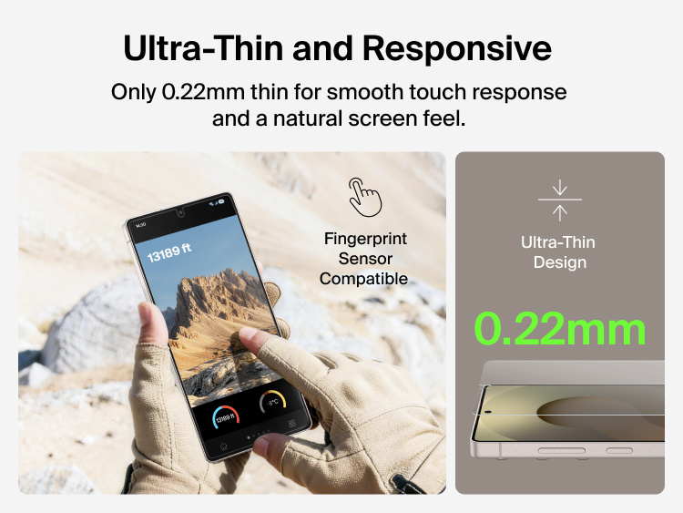 Belkin ScreenForce Titan EcoGuard Red Light Screen Protector for Samsung Galaxy S26 featuring an ultra-thin 0.22mm design that delivers smooth touch response and fingerprint sensor compatibility.