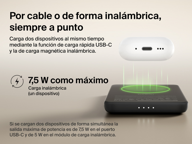 Belkin BoostCharge Slim Magnetic Power Bank 5K shown wirelessly charging earbuds, demonstrating 7.5W max magnetic wireless charging for single-device power.