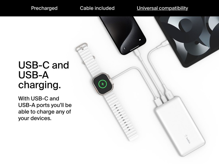 A white Belkin BoostCharge Power Bank 10K is shown charging multiple devices, including an Apple Watch, an iPhone, and an iPad, using both USB-C and USB-A ports for universal compatibility.