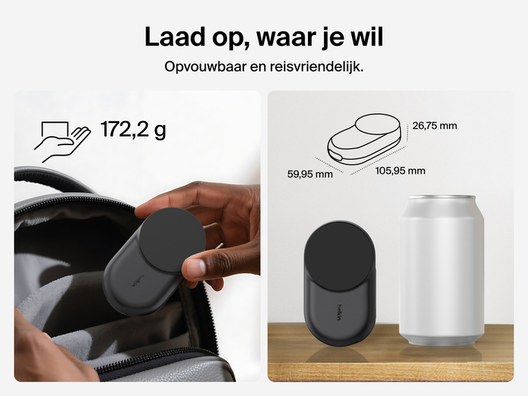 De Belkin UltraCharge 3-in-1 uitklapbare magnetische lader met Qi2 25W heeft een compact, reisvriendelijk ontwerp, weegt 190 gram en is gemakkelijk mee te nemen.