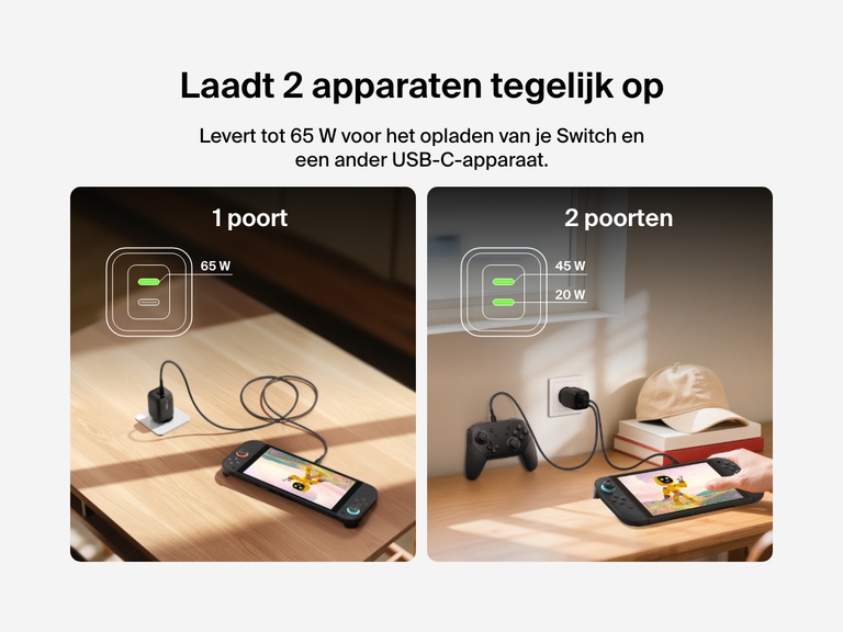De Belkin Gaming 2-poorts USB-C-wandlader (65 W) kan een Nintendo Switch 2 en een ander USB-C-apparaat tegelijk van stroom voorzien met een uitgangsvermogen van 45 W en 20 W bij gebruik van beide poorten.