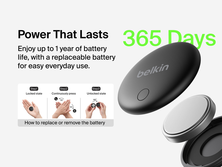Belkin SureFind Spot offers up to one year of battery life with a replaceable battery and easy twist-open battery compartment.