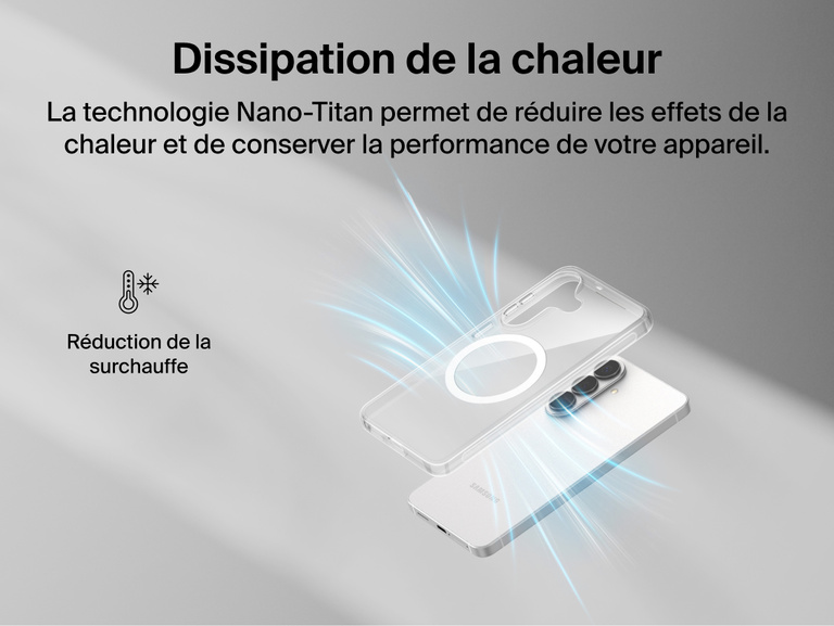Belkin SheerForce Clear Series Case for Samsung Galaxy S26 shown with Nano-Titan technology supporting heat dissipation to minimize overheating while maintaining a slim, lightweight protective design.