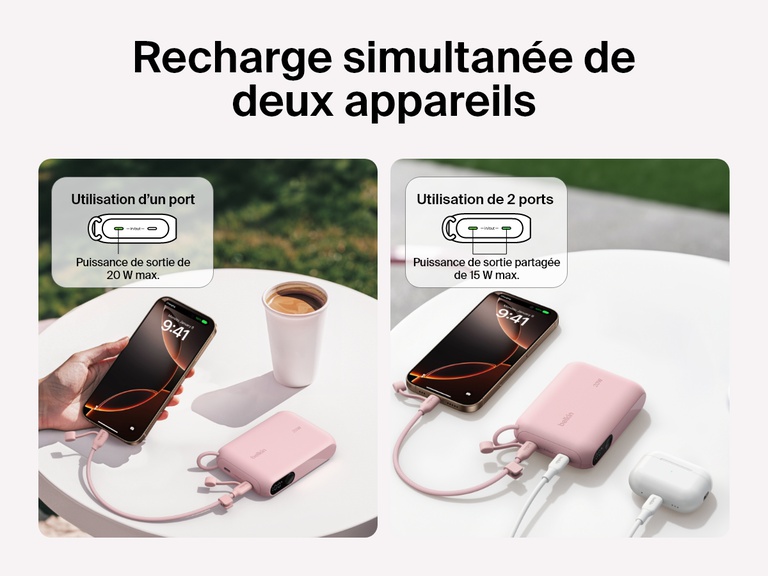 Comparaison visuelle de la batterie externe 10K Belkin BoostCharge avec écran intégré rechargeant un appareil à 20 W ou deux appareils simultanément avec une sortie partagée de 15 W, chargeant un smartphone et des écouteurs sans fil sur une table.