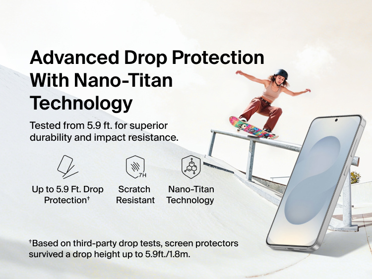 Belkin ScreenForce Titan EcoGuard Privacy Filter Screen Protector for Samsung Galaxy S26 shown demonstrating Nano-Titan technology with up to 5.9-ft drop protection and scratch resistance for durable, everyday screen protection.