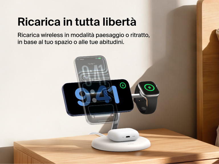 Belkin UltraCharge 3-in-1 Wireless Charging Stand with Qi2 25W charging iPhone in portrait and landscape modes alongside Apple Watch and AirPods on a bedside table
