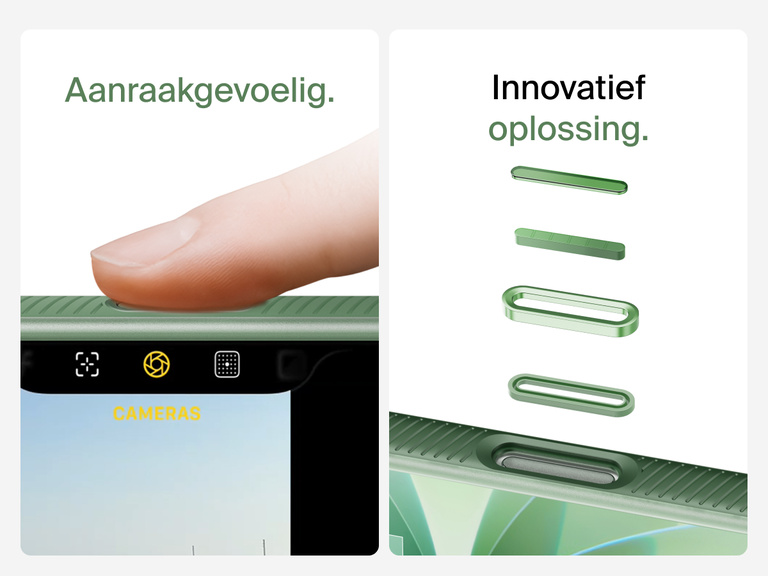 Belkin SheerForce Grip Series Case for iPhone 17 with MagSafe ring, raised edges, and floating tinted buttons for precision protection.