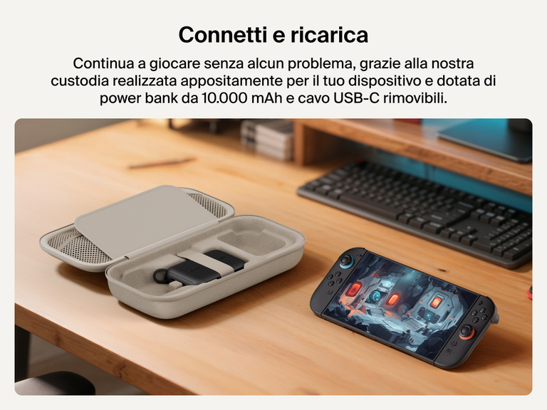 Belkin Gaming Charging Case for Nintendo Switch 2 displayed open with detachable 10,000 mAh power bank and USB-C cable, next to a Switch 2 console in use on a desk.