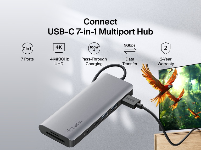 Image showing the Belkin Connect 7-in-1 USB-C Multiport Hub with labeled features including 4K@30Hz display, 100W pass-through charging, 5Gbps data transfer, and seven connectivity ports.