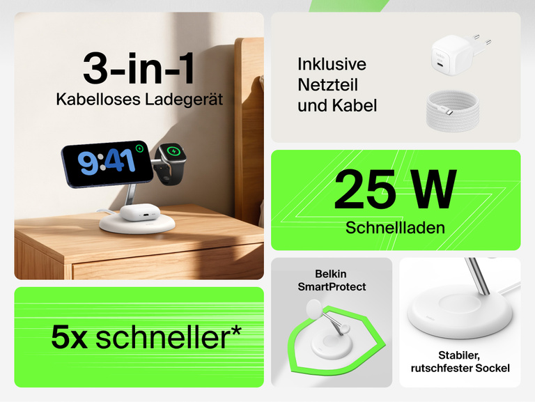 Belkin UltraCharge 3-in-1 Wireless Charging Stand with Qi2 25W showcasing compact design with integrated Apple Watch charger and earbuds dock