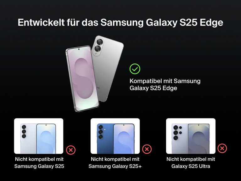 Kompatibilitätsleitfaden für die  antimikrobielle Screenforce InvisiGlass Displayschutzfolie, der zeigt, dass die Folie mit dem Samsung Galaxy S25 Edge kompatibel ist, jedoch nicht mit dem Galaxy S25, S25+ oder S25 Ultra. Bilder der verschiedenen Smartphone-Modelle werden mit entsprechenden Häkchen oder Kreuzen angezeigt.