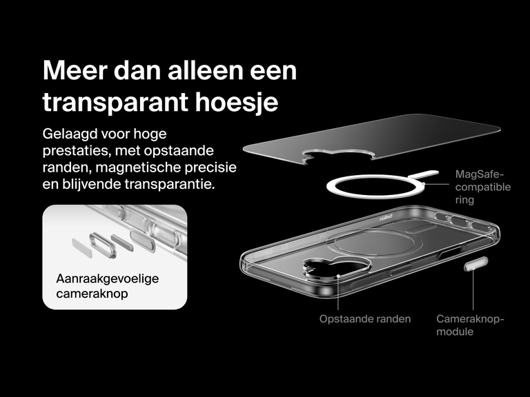 Belkin SheerForce Clear Series Case for iPhone 17 with raised edges, MagSafe-compatible ring, touch-sensitive camera button, and layered clear protection design.