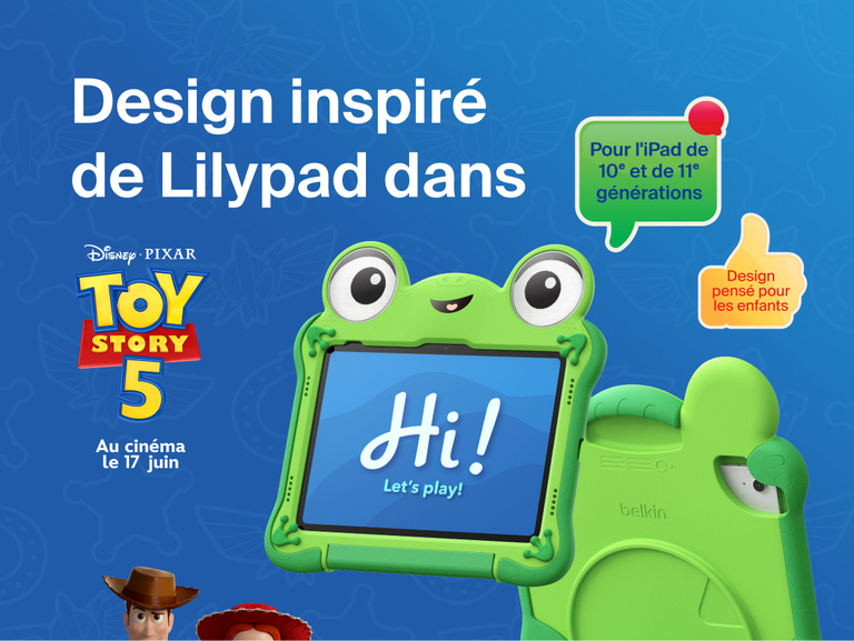 Disney Toy Story 5 Lilypad Case for iPad 10th and 11th Gen with frog-inspired design holding tablet displaying &ldquo;Hi! Let&rsquo;s play!&rdquo; and Toy Story 5 branding with kid-friendly design callout