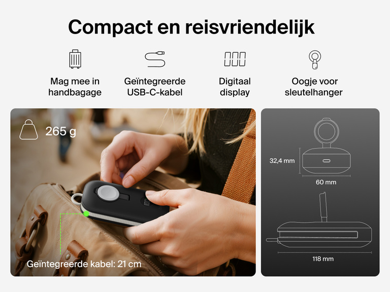 De reisvriendelijke Belkin BoostCharge Pro 10.000mAh-powerbank met Apple Watch-lader is compact, voldoet aan de luchtvaartveiligheidsnormen en heeft een ge&iuml;ntegreerde USB-C-kabel, een digitaal display en een oogje voor bevestiging van een sleutelhanger.