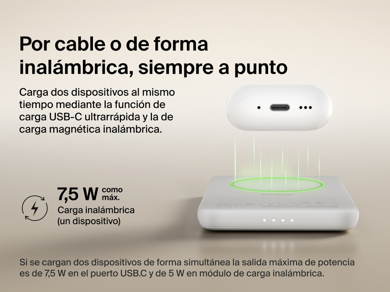 Belkin BoostCharge Slim Magnetic Power Bank 5K shown wirelessly charging earbuds, demonstrating 7.5W max magnetic wireless charging for single-device power.